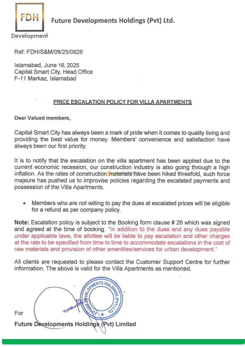 Read more about the article Capital Smart City Imposes Escalation Charges on Villa Apartments